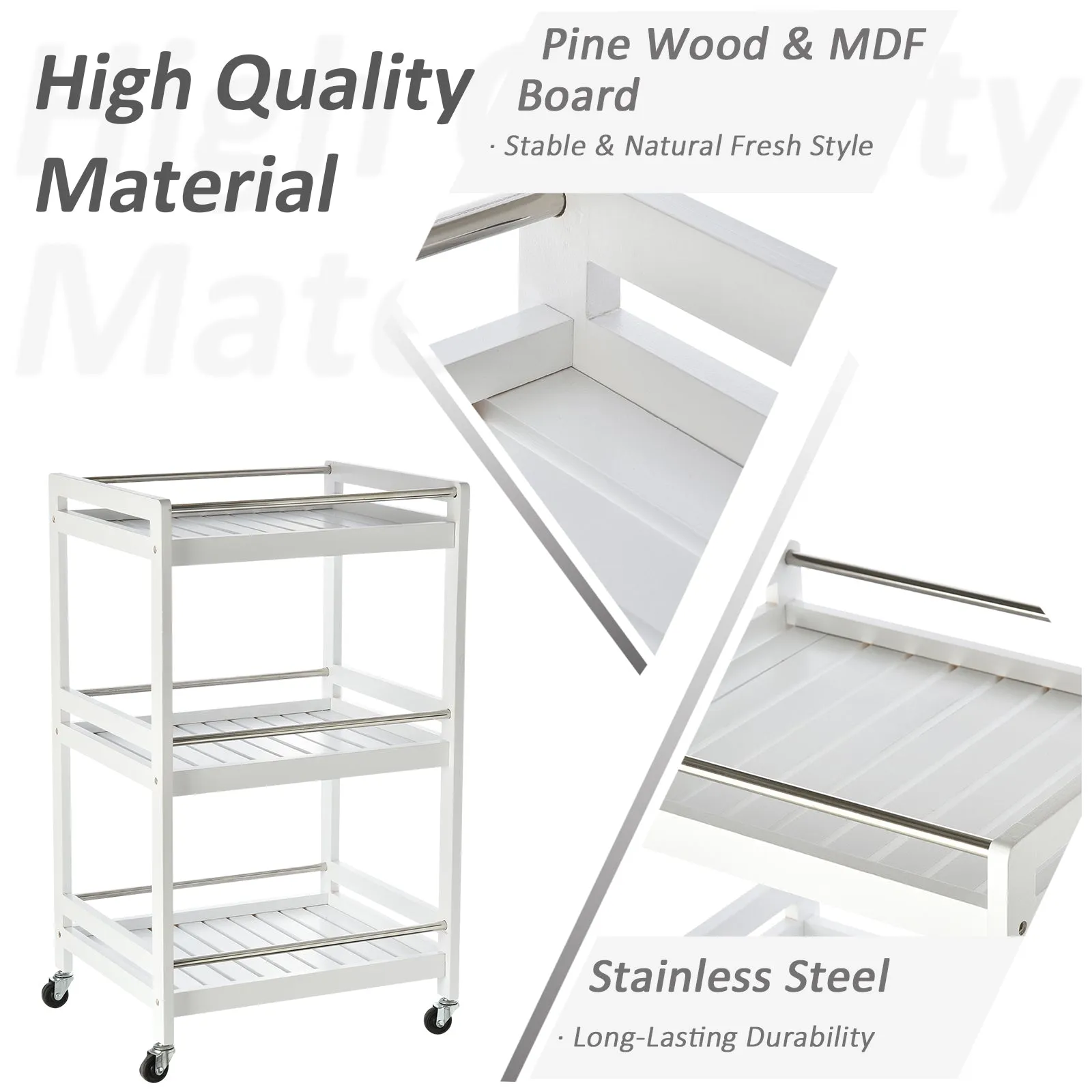 3-Tier Home Trolley Kitchen Storage Cart w/ Steel Bars 4 Universal Wheels Rolling Unit Organiser Living Room White