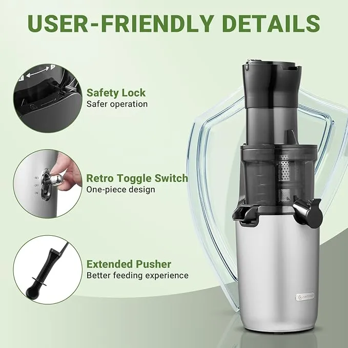 AMZCHEF Silver Whole Fruit Juicer Machines, 80MM Diameter Slow Masticating Juicer, Powerful Cold Press Juicers with Upgrade Auger- 312