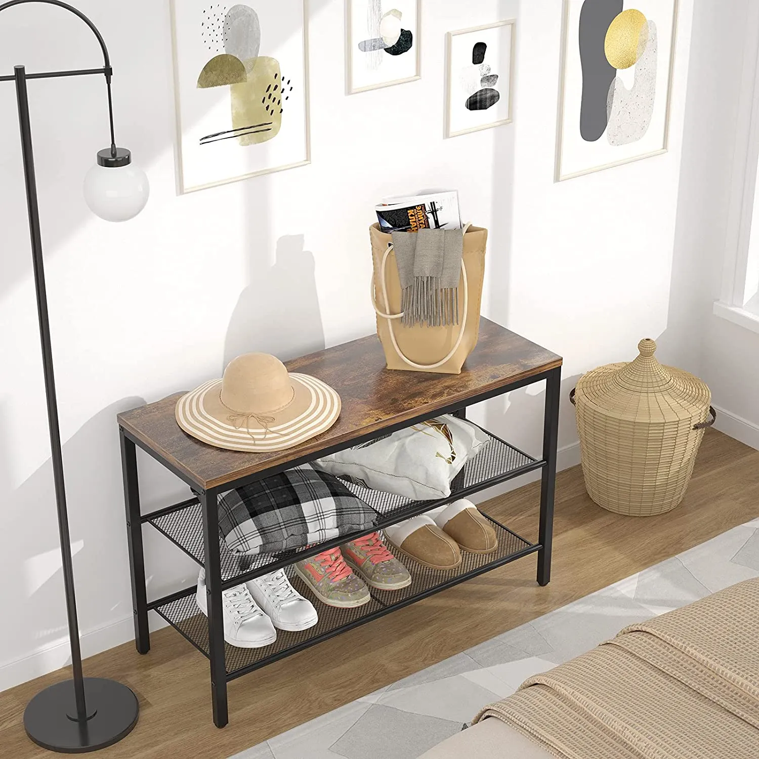 Armocity 3 Tier Shoe Rack with Bench and Storage Shelves