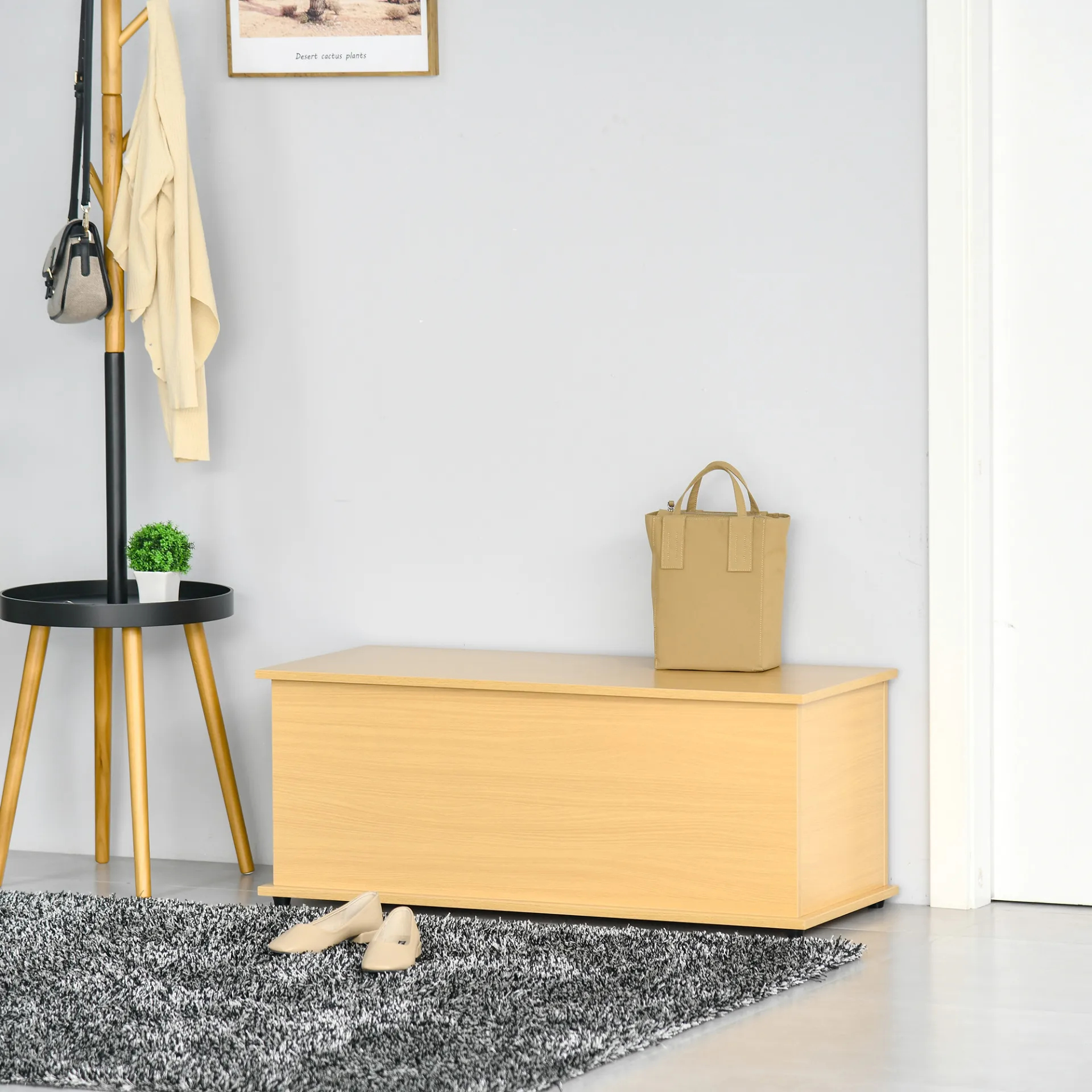 HOMCOM Wooden Storage Box with Lid - Versatile Toy Chest, Bench Seat, and Blanket Trunk in Burlywood