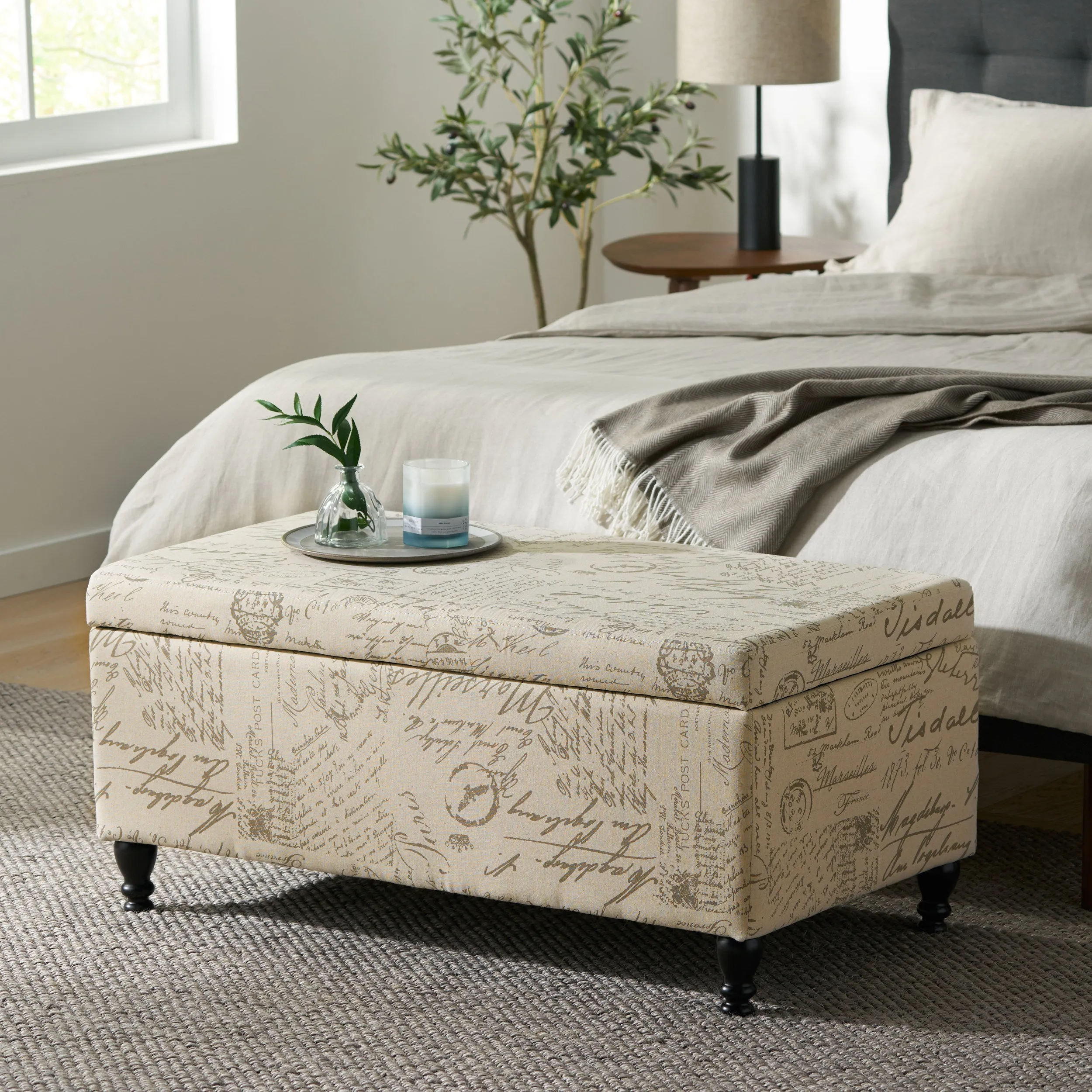 Kingsbury Fabric Storage Ottoman Bench with French Script