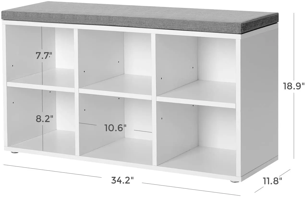 Shoe Bench, Shoe Storage Organizer with 6 Compartments and 3 Adjustable Shelves, Cushioned Seat, Compact and Narrow