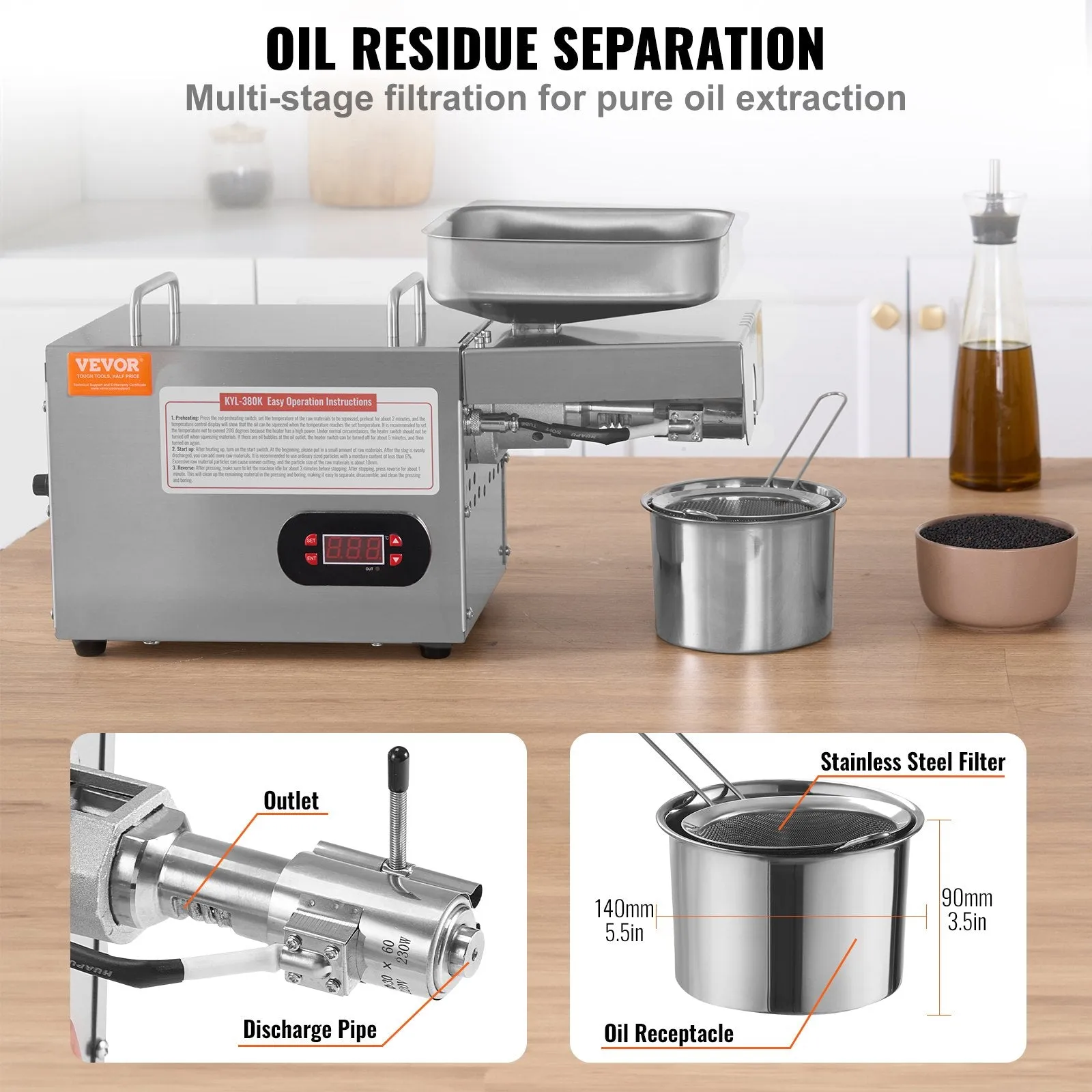 Vevor Oil Press Extractor Machine 32°F-572°F Adjustable Temperature 850W New